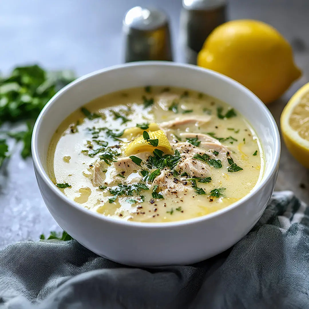 White bowl of creamy lemon chicken soup with herbs, garnished with lemon wedges, on a gray cloth.