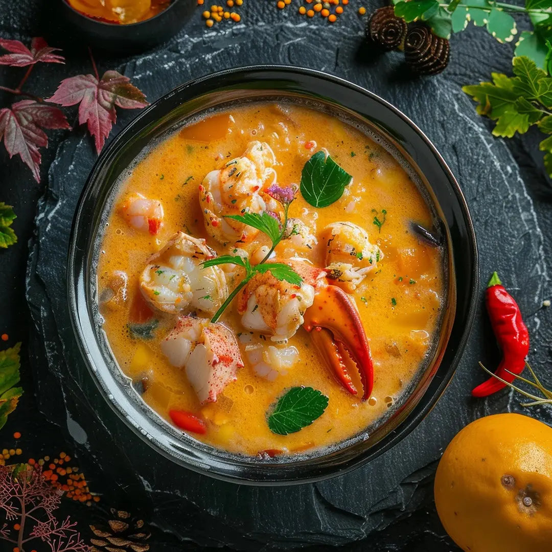 Crawfish bisque with crawfish pieces and herbs in a bowl