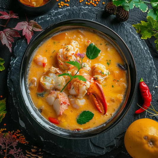 Crawfish bisque with crawfish pieces and herbs in a bowl