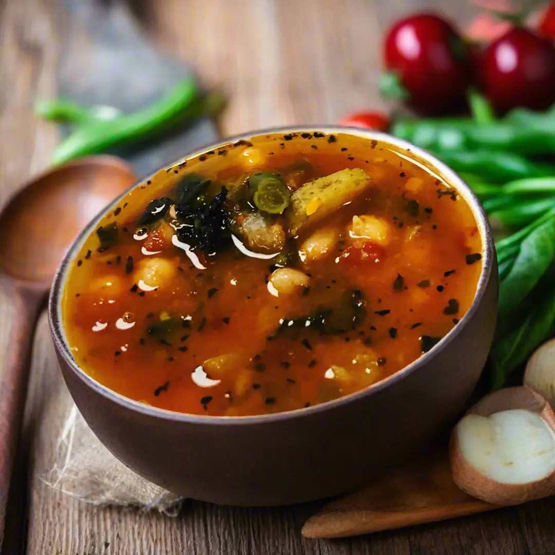 Bowl of vegetable soup with ingredients on a wooden surface
